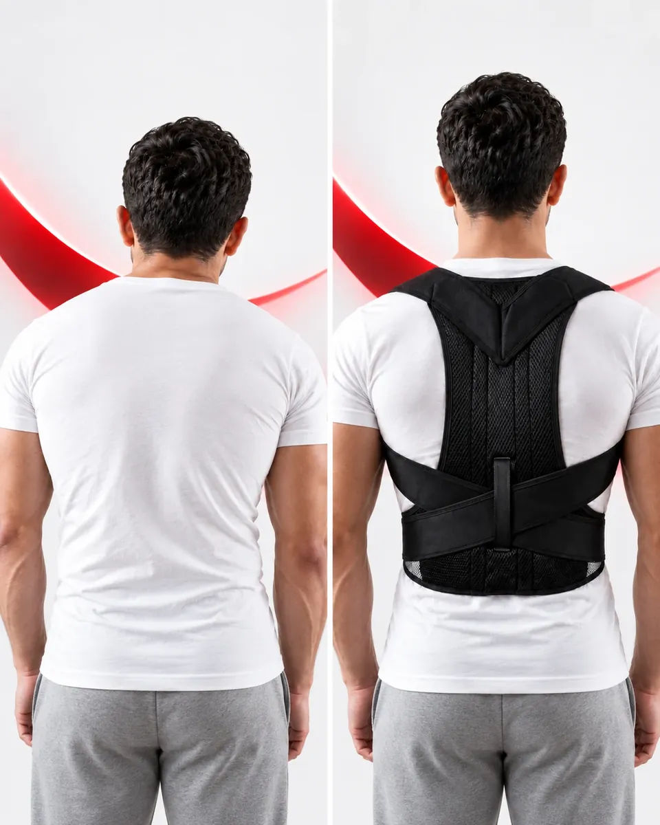 Medical Back Support sans / avec le produit porté Comparaison de la même personne sans Medical Back Support puis avec le correcteur ajusté.