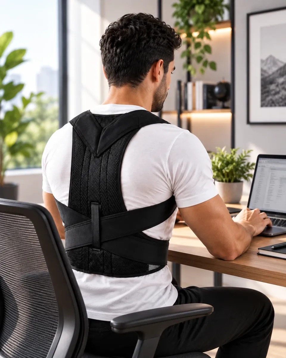 Rappel postural pendant le travail assis Personne assise à un bureau utilisant un correcteur de posture comme rappel de position.