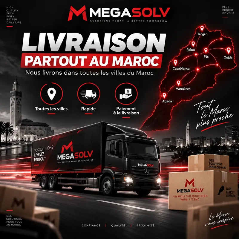 Livraison et paiement MEGASOLV Visuel MEGASOLV consacré à la livraison et au paiement au Maroc.